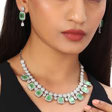 Diamond Green Colour Neck Set Sparkling Elegance Green Stones Necklace Set 