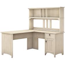 The design of the white table top and metal frame is very simple. Bush Furniture Salinas L Shaped Desk With Hutch In Antique White Sal004aw