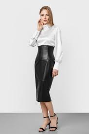 Shop for sleeve satin blouses online at target. Blonde Modeling High Waisted Black Leather Midi Skirt White Silk Blouse And Ankle Strap Heels Lederrock Bekleidung Humpelrock