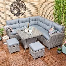 Our final corner dining set is another solid example of sleekly modern style, with a glossy white tabletop mounted on an angled white stand with stainless steel accents and base. Oren Athens 5 7 Seater Rattan Lounge High Back Corner Sofa Set