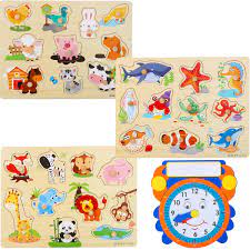 Suitable for small hands, ideal for children over three years old. Wooden Peg Puzzles For Toddlers Pack Of 3 With Learning Clock Animal Chunky Educational Preschool Puzzles For Toddlers Kids Boys Girls And Children Buy Online At Best Price In Uae Amazon Ae