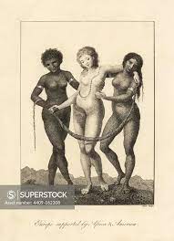 Europe supported by Africa and America. Allegorical illustration of naked  African and American women supporting a