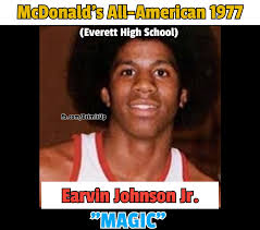 Earvin "Magic" Johnson, a highly acclaimed high school basketball star from  Everett, Michigan, earned his nickname at age 15 after a remarkable  triple-double and went