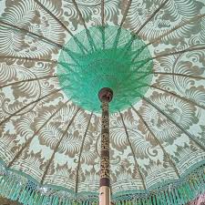 Tracy Parasol Garden Umbrella Or Parasol For East London Parasol Company Handmade In Bali Colours Are Green Gold And Blu Garden Parasols Parasol East London