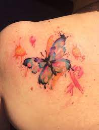 Watercolour Tattoo By Shennaki Tribaltrading Tilburg The Netherlands Butterfly Tattoo Pink Ribbon Tattoos Cancer Ribbon Tattoos