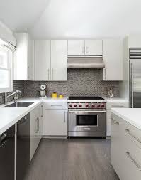 White And Gray Kitchen With Gray Mini Brick Tile Backsplash Contemporary Kitche Grey Kitchen Backsplash For White Cabinets Kitchen Tile Backsplash With Oak