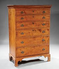 6 dovetailed serpentine front with original bails and rollers in good. Federal Tiger Maple Tall Chest Of Drawers Feb 21 2016 Neal Auction Company In La Tiger Maple Tall Chest Of Drawers Early American Furniture