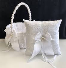 White Flower Girl Basket And Ring Bearer Pillow Lace Wedding Basket For Flower Girl Lace Ring Holder Lace Ring Pillow White Wedding Pillow Ring Bearer Pillow Lace Ring Pillow Lace Flower