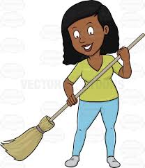 A Black Woman Cheerfully Cleans The Floor Using A Broom In 2020 Light Pink Shirt Light Blue Pants Black Women