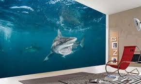 Shark Wall Murals Underwater Wallpaper Wallpaperink Co Uk Shark Themed Bedroom Shark Mural Underwater Wallpaper