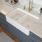 32 Inch White Apron-Front Double Bowl Kitchen Sink 50/50 Ceramic Porcelain Vitreous Fireclay Kitchen Farm Sinks Logmey