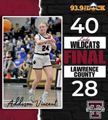 🏀 The Tullahoma Lady Cats beat Lawrence County, 40-28, to advance to the  district 8-3A final Monday at 7:30! 🐾 Addison Vincent is your Player of  the Game with 9 points!