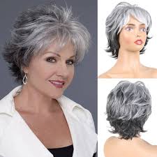 LEOSA Short Grey Wigs for White Women, Pixie Cut Wig with Bangs Gray Hair  Wigs for Women Gray Ombre Synthetic Curly Hair Wig Gray Pixie Wigs for  White Women Fluffy Layered Synthetic