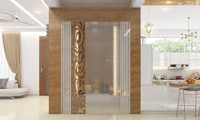 A nordic bedroom with a bed and some black and white artworks separated from the rest of the apartment with a glass sliding door. Stunning Pooja Room Door Designs With Glass Design Cafe