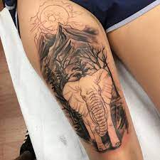 Elephant Walking Through The Woods With Mountains And The Moon In The Background Part Mountain Tattoos For Women Elephant Tattoos For Women Tattoo Background