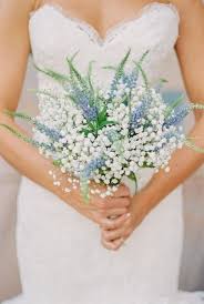 A white and blue wedding bouquet with pale eucalyptus plus white ribbons for a fresh spring look. 27 Trendy And Chic Spring Wedding Bouquets Weddingomania