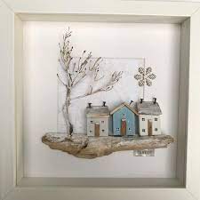 Winter Decor Driftwood Wall Art Framed Little Wooden Houses Driftwood Wall Art Driftwood Crafts Driftwood Sculpture