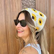 Crochet Sunflowers Granny Square Bandana, Boho Vintage Flower Hair  Kerchief, Women's Headband,crochet Cotton Headband, Gift for Her