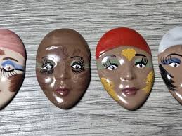 1960s Vintage African Art Deco Hand Painted Bisque Ceramic Brooch Pin Lot  of 5