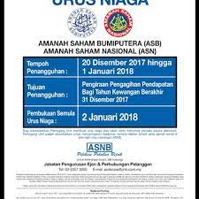 22 disember 2020 hingga 3 januari 2021. Penangguhan Urus Niaga Asb Asn Mulai 20 Disember 2017 01 Januari 2018