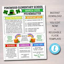 March Pto Pta Newsletter Flyer St Patricks Day Printable Etsy In 2020 Pta Newsletter Pta Organization Newsletter Templates