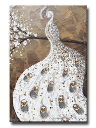 Large Canvas Bird Wall Art Giclee Print Art White Peacock Painting Abstract Large Canvas Prints Blossoms Brown Silver Gold Peacock Painting Gold Wall Art White Peacock
