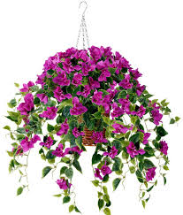 While some of the better options for hanging baskets include trailing plants, nearly any plant will work, including veggies, when given the proper growing conditions. Amazon Com Artificial Flowers Hanging Basket With Bougainvillea Silk Vine Flowers For Outdoor Indoor Artificial Hanging Plant In Basket Ivy Basket Artificial Hanging Plant For Patio Lawn Garden Decor Purple Home Kitchen