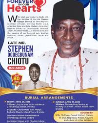 MASQUERADE TRIBUTE Celebrating the Life & Legacy of the Late Mr. Stephen  Ogoegbunam Chiotu (Ojiafo) Village: Umuode Umuofejiofor Age: 80 years Our  heartfelt condolences to the Chiotu family and loved ones. May