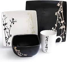 The dots pattern along with tiny crests makes this set appealing. Buy American Atelier Square Dinnerware Sets White Black Kitchen Plates Bowls And Mugs 16 Piece Stoneware Twilight Blossom Collection Dishwasher Microwave Safe Service For 4 Online In Turkey B00dvhydb6