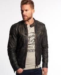 Superdry Real Trials Leather Jacket Dark Grey Leather Jacket Mens Jackets Casual Mens Leather Jacket Biker