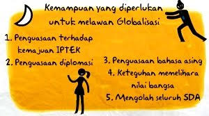 Upaya menghadapi globalisasi ekonomi menyiapkan sdm yang kompeten, kompetitif dan memiliki kemampuan yang baik dalam menghadapi kompetisi globalisasi. Upaya Menghadapai Globalisasi Budaya Iptek Ekonomi Komunikasi Dan Transportasi