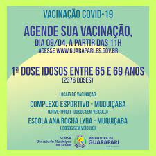 Apr 23, 2021 · auto agendamento para toma de vacina disponível para mais de 65 anos por antena 1 quer partilhar este artigo? Covid 19 Prefeitura De Guarapari Abre Novo Agendamento Para Vacinar Idosos De 65 A 69 Anos Prefeitura Municipal De Guarapari Es