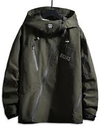 Front Asymmetric Zip Hooded Drop Shoulder Jacket Jackets Men Fashion Dark Green Jacket Mens Outfits