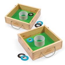 Washer pitching is a game, similar to horseshoes, that involves teams of players that take turns tossing washers towards a box or hole. Eastpoint Sports Solid Wood Washer Toss