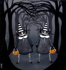 The Twins Halloween Witch Cat Original Folk Art By Kilkennycatart Twin Halloween Halloween Cat Witch Cat