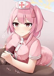 aya mizunami, serina (blue archive), serina (nurse) (blue archive), blue  archive, highres, 1girl, feather hair, hat, looking at viewer, medium hair,  nurse, nurse cap, official alternate costume, penis, penis grab, pink eyes,