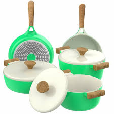 Induction Cookware Non Stick Green Ceramic 8 Pc Dishwasher Safe Pots Pans Lids Vremi Ceramic Cookware Set Ceramic Cookware Ceramic Nonstick Cookware