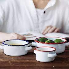 树可珐琅日式家用红蓝边双耳搪瓷碗家用烘焙加厚烤盘焗饭盘餐具 淘宝网 enamel bowl salad bowls dinnerware