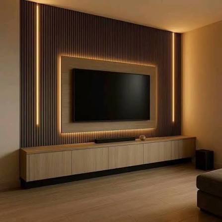 ديكور تلفزيون فخم | بديل الخشب | إضاءة مخفية | تصميم صالات | ديكورات الكويت] ​يا هلا ومسهلا.. شوفوا الفخامة والترتيب بهالتصميم المودرن لجدار التلفزيون! ✨ ​تناسق عجيب بين بديل الخشب الغامق
