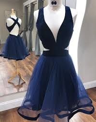 Navy Blue V Neck Short Dress Open Back Short Homecoming Dress From Sweetheart Dress In 2020 Homecoming Dresses Short Navy Blue Homecoming Dress Prom Dresses Sleeveless