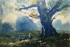 Mixing blue and raw sienna to make similar greens using these pigments: Landscape Only In Two Color Prussian Blue And Yellow Ochre Watercolor On Paper Size 15 X 11 Inches Art