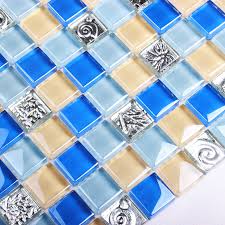 Blue and gray kitchen features gray raised panel cabinets adorned with brushed brass hardware paired with white quartz countertops and a blue mediterranean style mosaic tile backsplash, fireclay grandola tile, that goes up to the cieling. Blue Crystal Glass Mixed Sea Shell Mosaic Tiles Ehgm1009a For Kitchen Backsplash Bathroom Shower Dining Room Wall Mosaic Buy Cheap In An Online Store With Delivery Price Comparison Specifications Photos And
