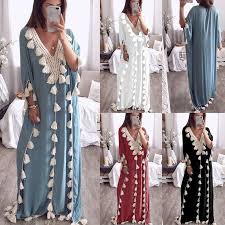 Chic V Collar Loose Fringe Decorated Vacation Dress Colabingo Maxi Dress With Sleeves Loose Summer Dress Solid Maxi Dress