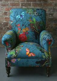 Garden Painting On A Blue Overstuffed Chair Beautiful Floral With Butterflies Blossoms And Dragonflies Chairs Home Decor Decor Furniture