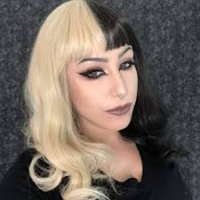 Half black half blonde cosplay wigs middle part silky straight synthetic wig. Creamily Half Blonde And Black 2 Tone Color Wig Short Curly Synthetic Hair Wig With Bangs Cosplay Party Wig Halloween Wig For Women Girls Amazon Co Uk Beauty