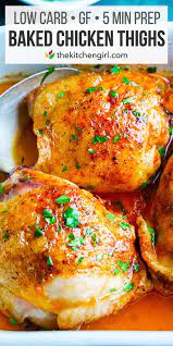 Juicy Oven Baked Chicken Thighs The Kitchen Girl Recipe Baked Chicken Thighs Easy Chicken Recipes Chicken Thigh Recipes Baked