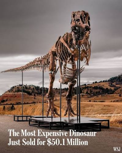 The king of dinosaurs has reclaimed his throne. A 38-foot-long, 67-million-year-old  Tyrannosaurus Rex named Gus sold for $50.1 million at Sotheby's Tuesday.  It's an auction record for a fossilized dinosaur skeleton, beating