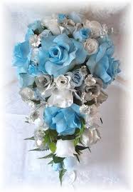 8pc Wedding Bouquet Flowers Light Blue White Silver Roses Silk Bridal Cascade Package Flower Bouquet Wedding Wedding Flower Guide Wedding Bouquets