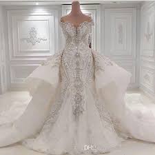 2016 Portrait Mermaid Wedding Dresses With Overskirts Lace Ruched Sparkle Rhinstone Bridal Gowns Wedding Gowns Mermaid Luxury Wedding Dress Bridal Dresses Lace