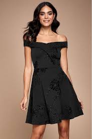 Womens Lipsy Flock Bardot Skater Dress Black Dresses Evening Party Dress Glitter Party Dress